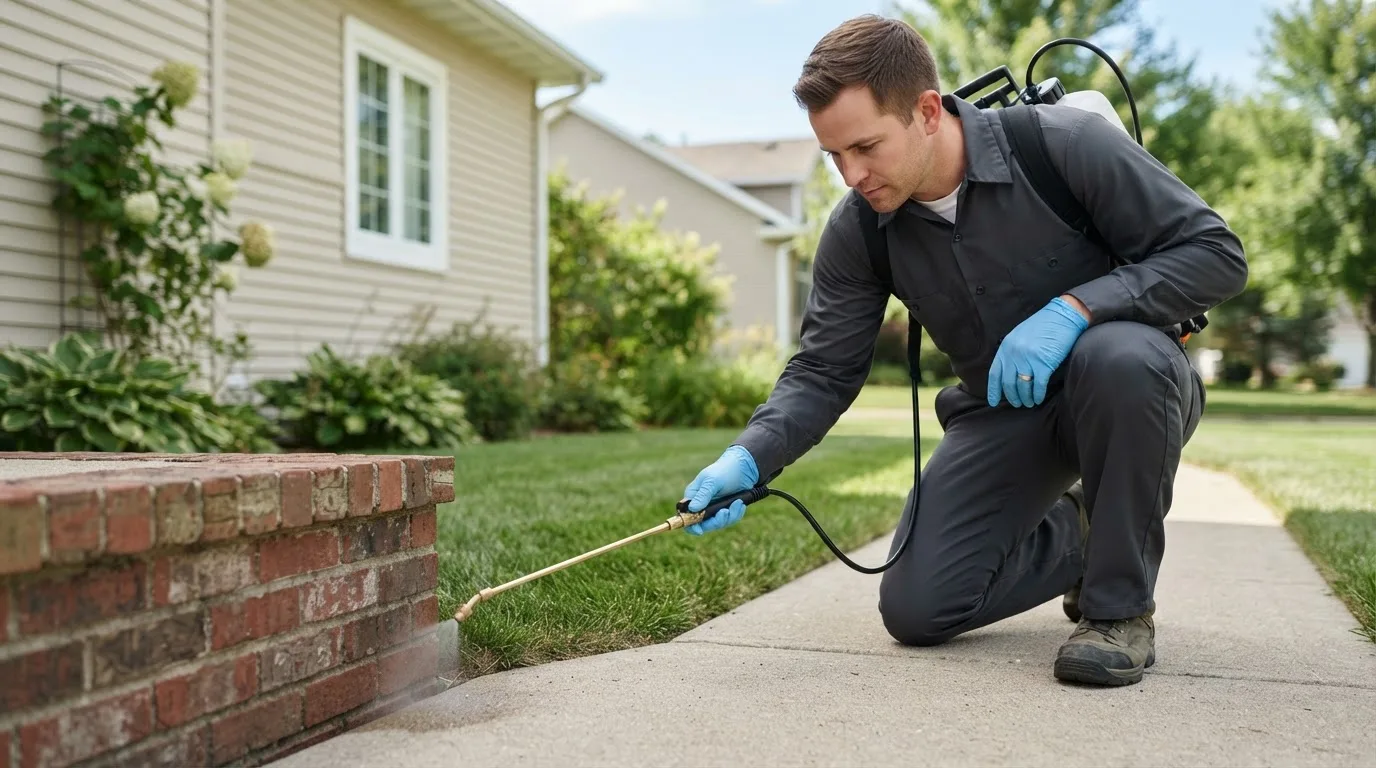 Pest control technician treating a home near Mishawaka, IN